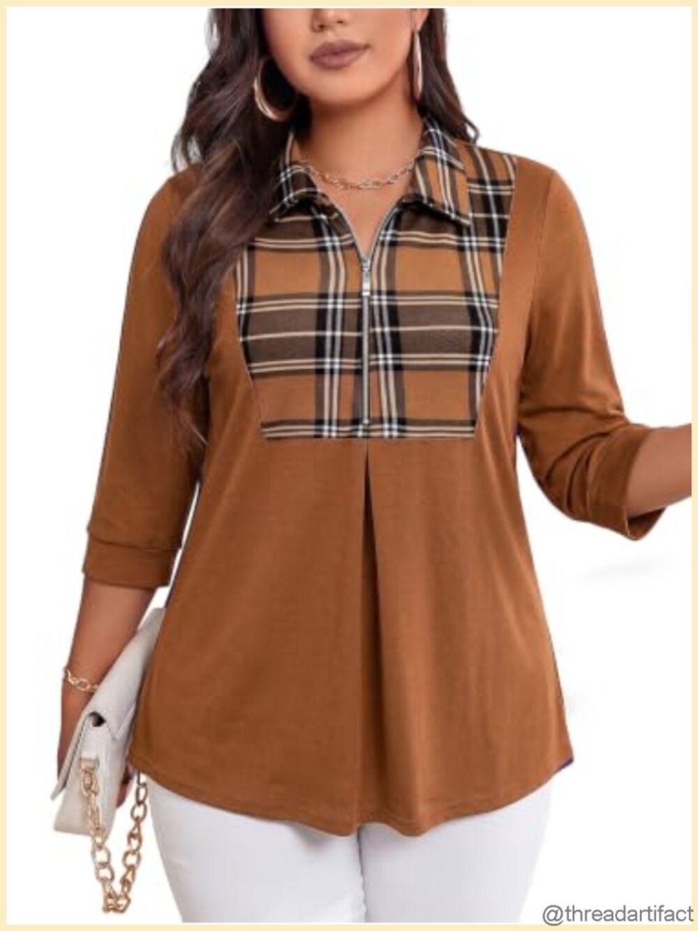 Women's Plus Size Half Zip 3/4 Sleeve Collared Tunic Top Loose A-Line Blouse